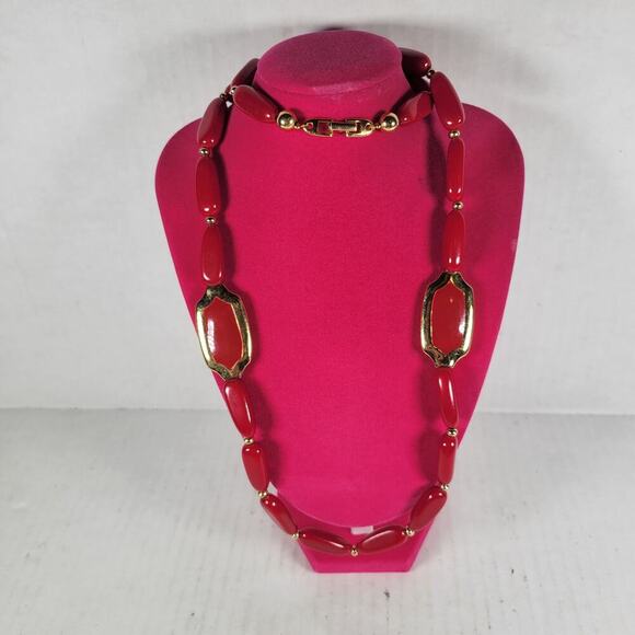 Vintage Napier Red & Gold Oval Feminine Casual Modest Beaded  28" Necklace - Picture 1 of 3
